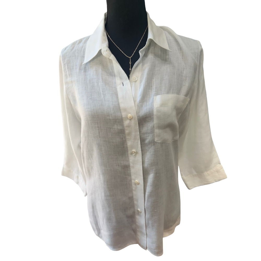 Mercer & Madison 100% Linen Button Front Shirt Women's Small White 3/4 Sleeve